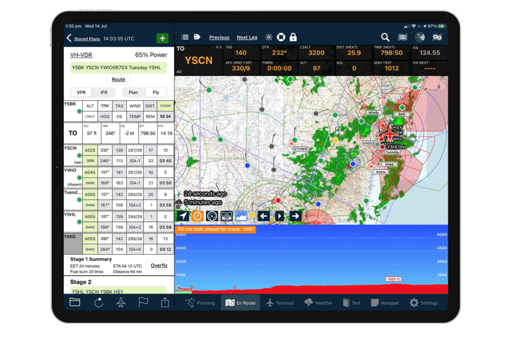AvPlan EFB showing the LSALT calculation tool for an RNP2 approach into BUNGO near Canberra