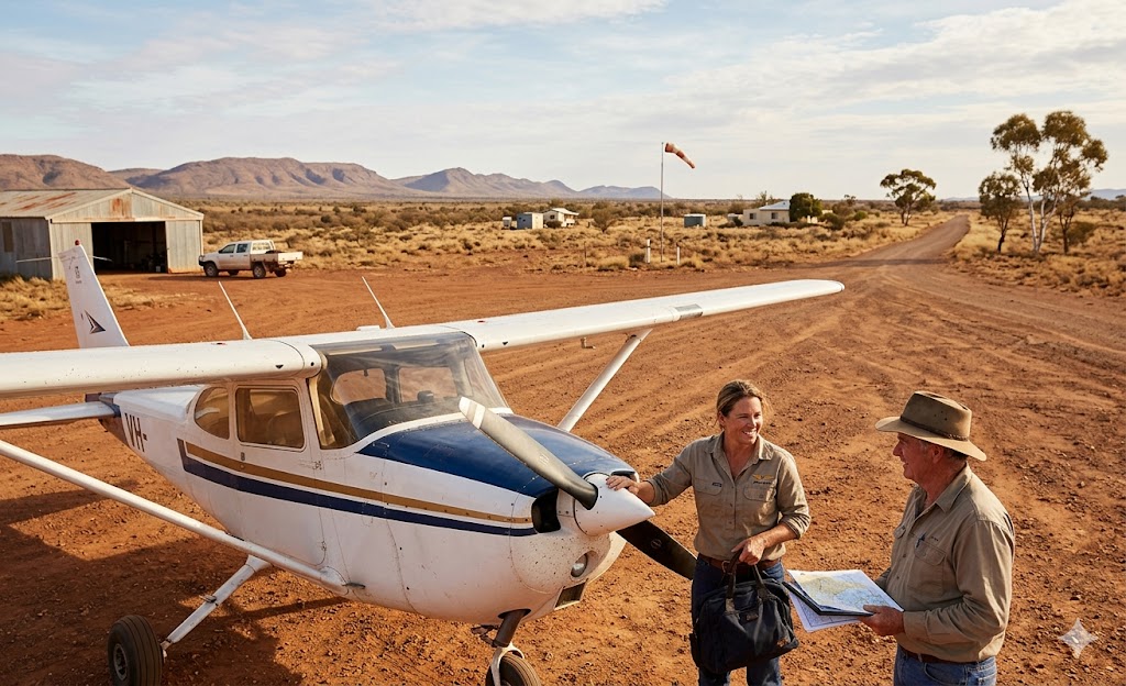 A pilot discussing a chart with a landowner at a remote outback airstrip