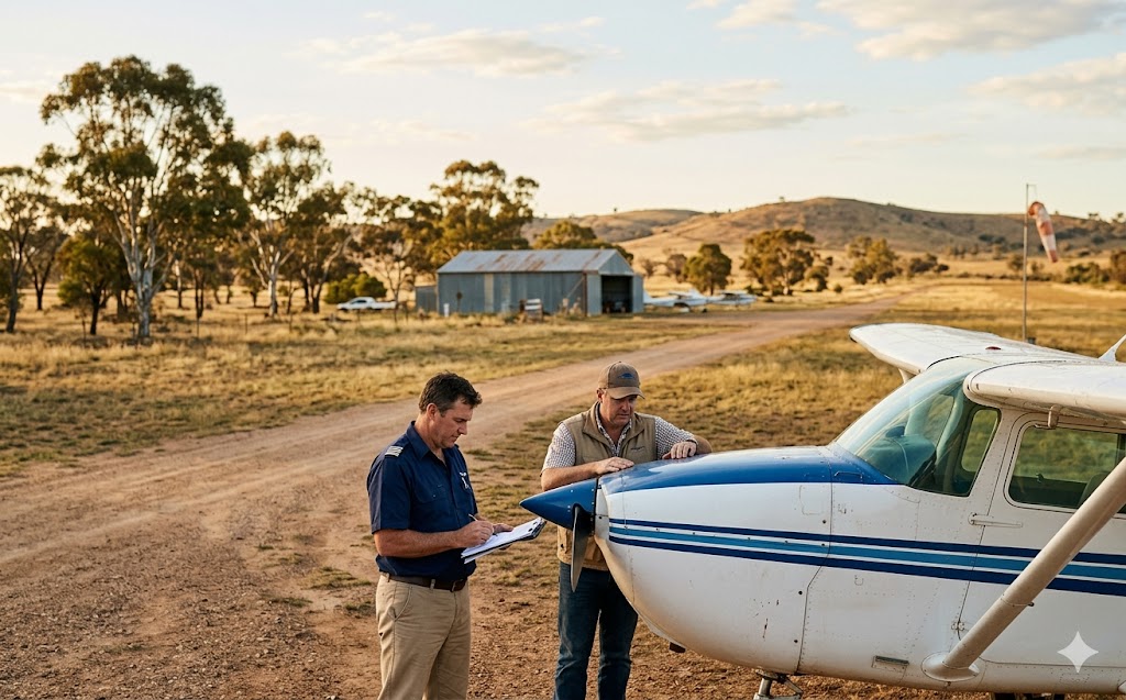 Two pilots reviewing a document next to a Cessna before a flight test