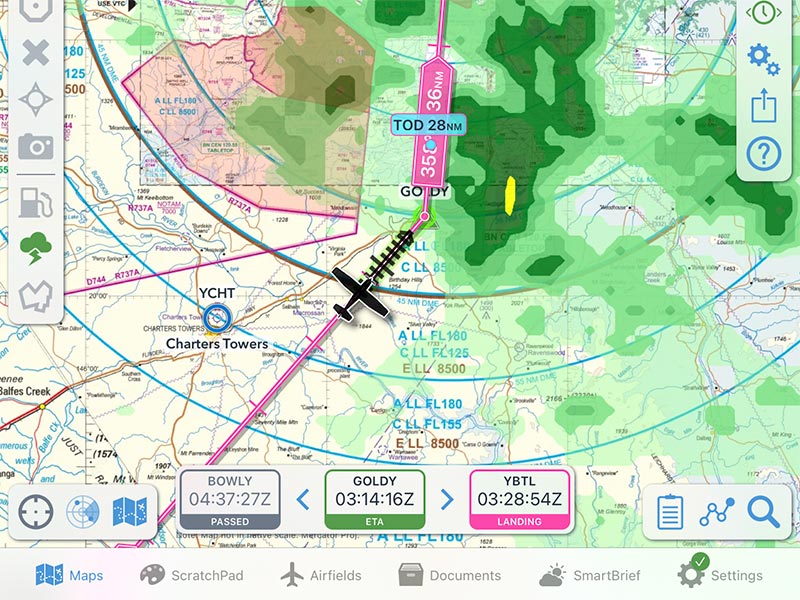 OzRunways en-route view showing weather overlay and waypoint ETAs near Charters Towers