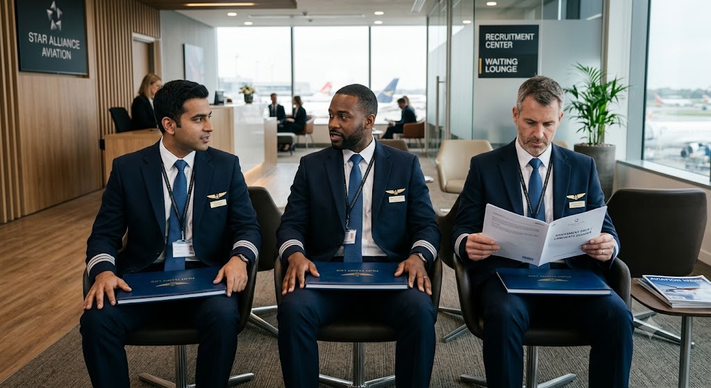 Pilots in suits waiting in an airline assessment centre, logbooks on laps, before a selection day