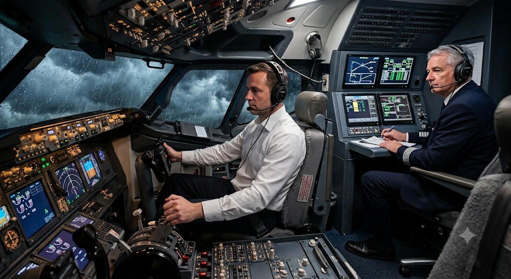 A pilot candidate at the controls of a full-motion Boeing 737 simulator during an airline assessment