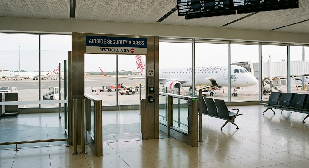 Airside security access gate at an Australian airport with card reader