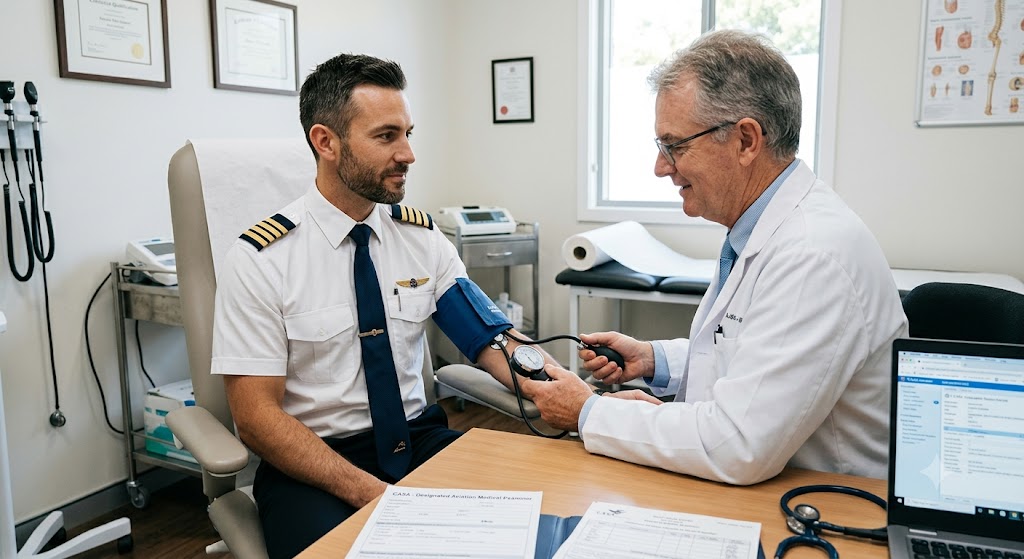 Pilot at a Designated Aviation Medical Examiner appointment for Class 1 medical renewal