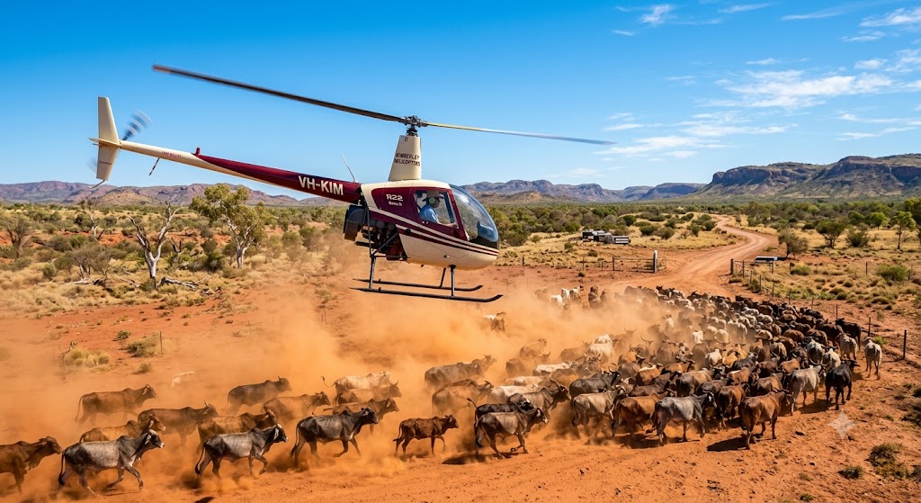 Helicopter mustering cattle in the Australian outback