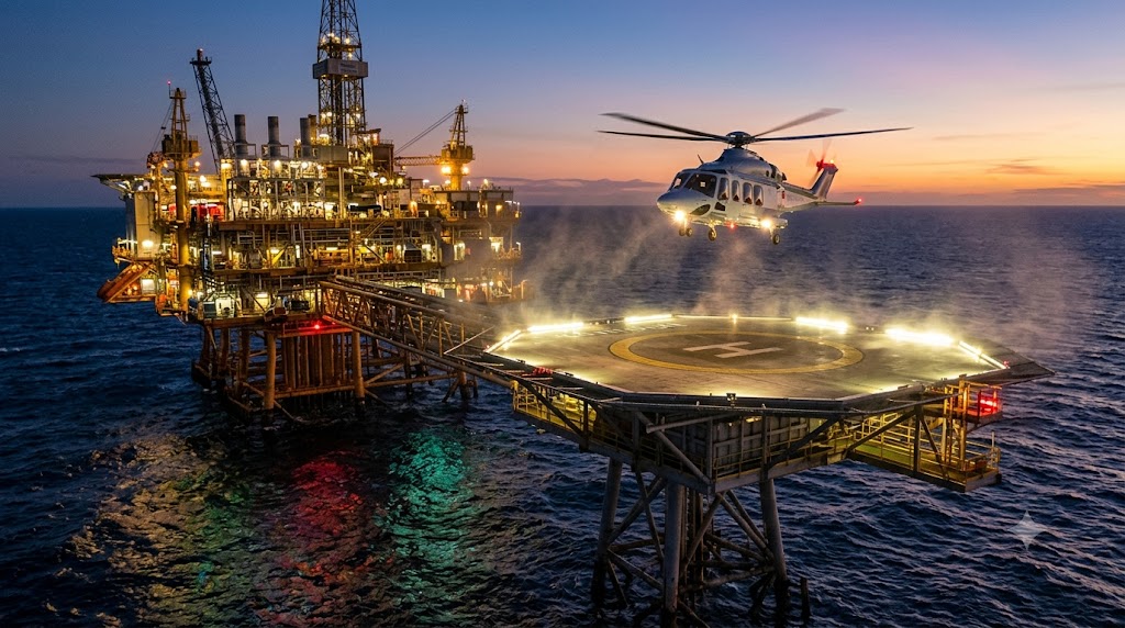 AW139 twin-engine helicopter approaching an offshore oil and gas platform in north-west Australian waters at dusk, helideck lights illuminated