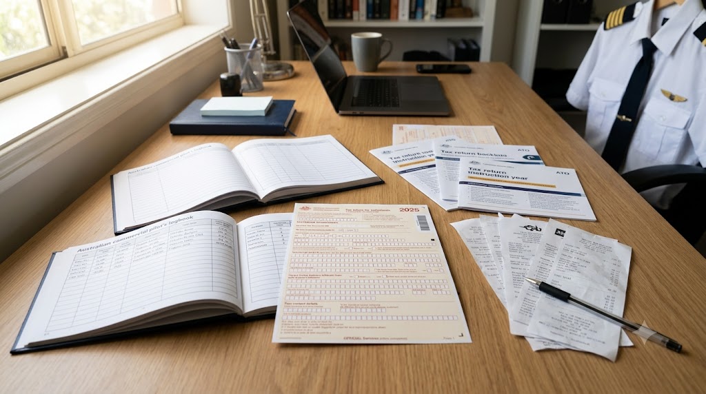 Commercial pilot's logbook and tax documents at tax time