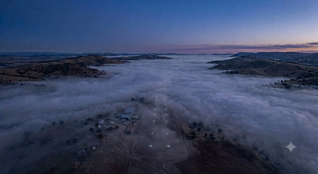 An Australian inland valley blanketed in thick radiation fog at dawn, a small regional airport barely visible through the mist below a clear sky