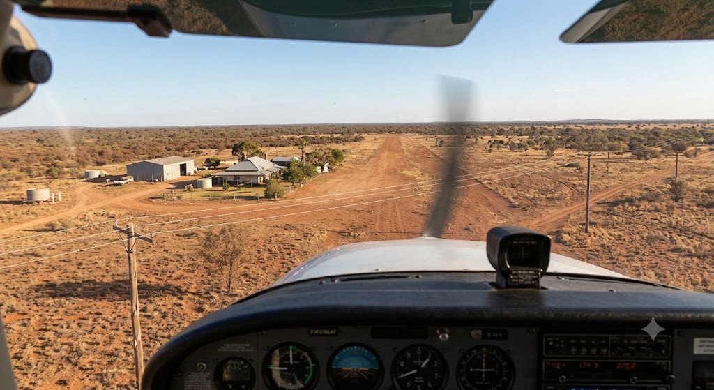 Powerlines crossing a rural approach path seen from low level, highlighting the wire strike hazard