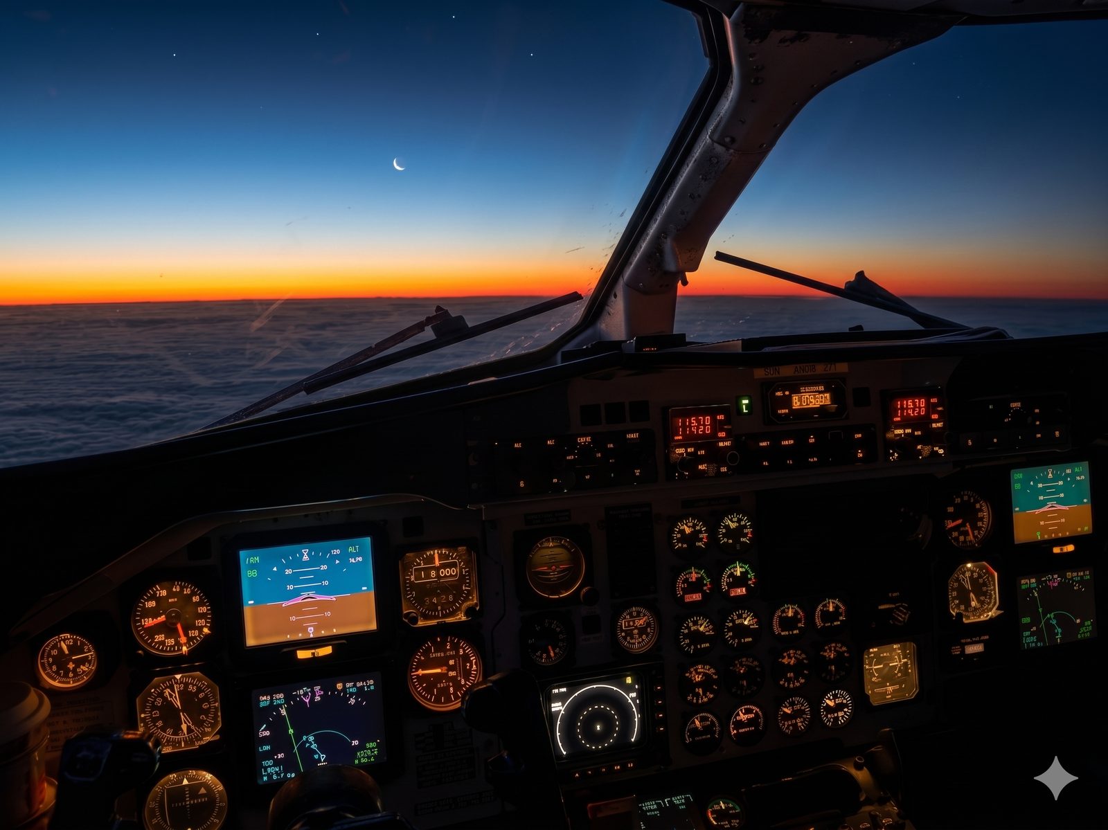 Aviation mental health — cockpit at sunset