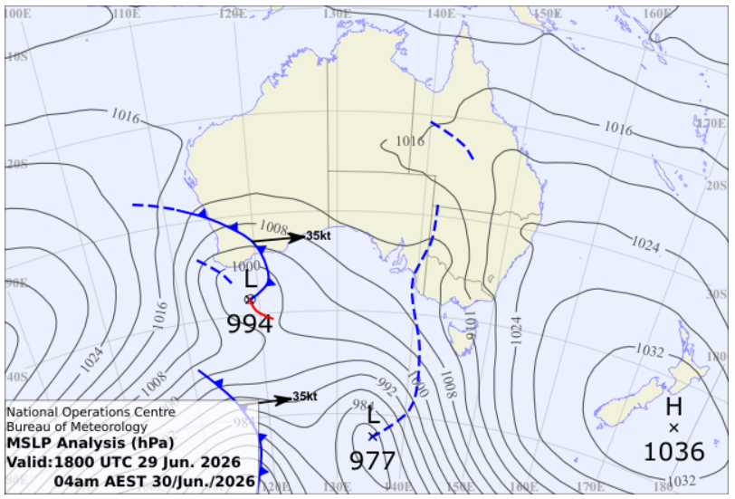 BOM MSLP analysis valid 1800 UTC 29 June 2026 (4am AEST 30 June) showing a winter high east of New Zealand, a cold front approaching WA, and a deep low south of the Bight